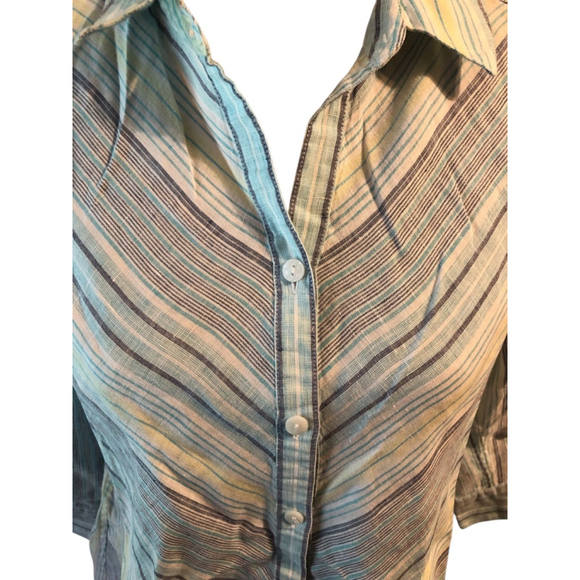 Chico's Button Down No Iron Shirt Size 1 (M/8) Blue Striped - Picture 2 of 6